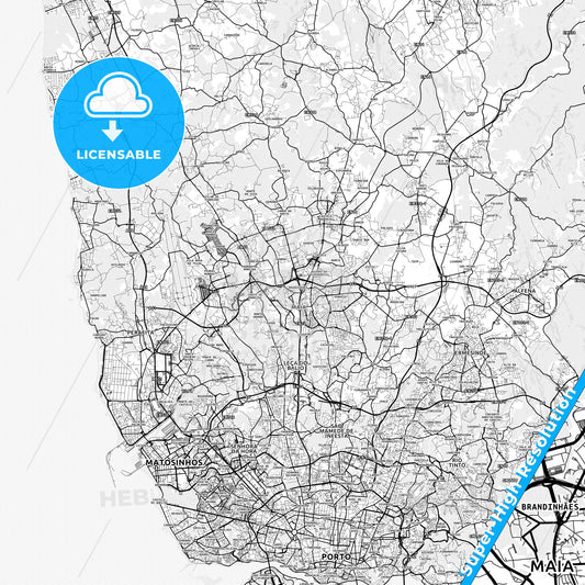 Maia, Portugal light map with streetnames, citynames and districts