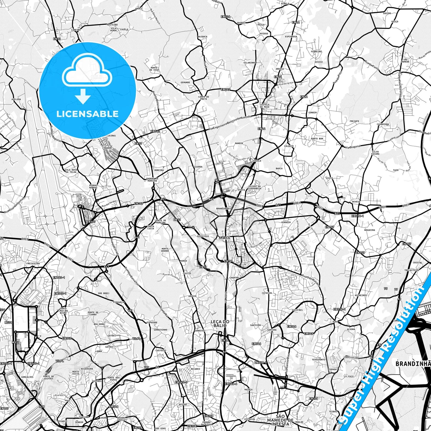 Maia, Portugal Light Map with Street Names, City Names, and Districts