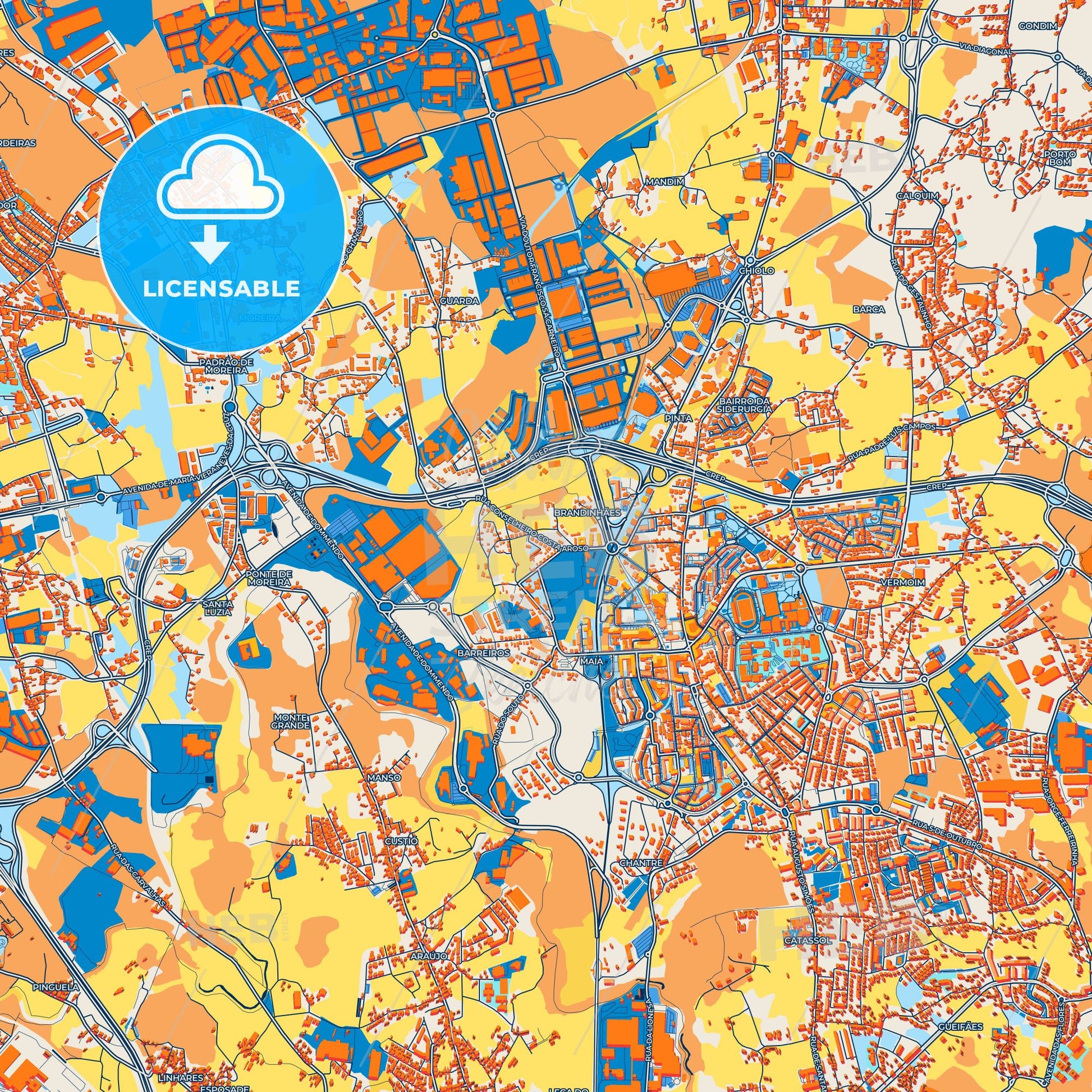 Colorful Maia Street Map with Labels and Buildings