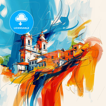 Vibrant Maia, Portugal - A Painting Of A Building With A Colorful Background