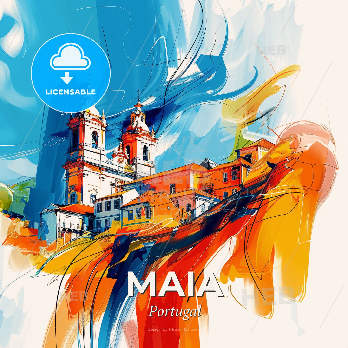 Vibrant Maia, Portugal - A Painting Of A Building With A Colorful Background - Square format print template