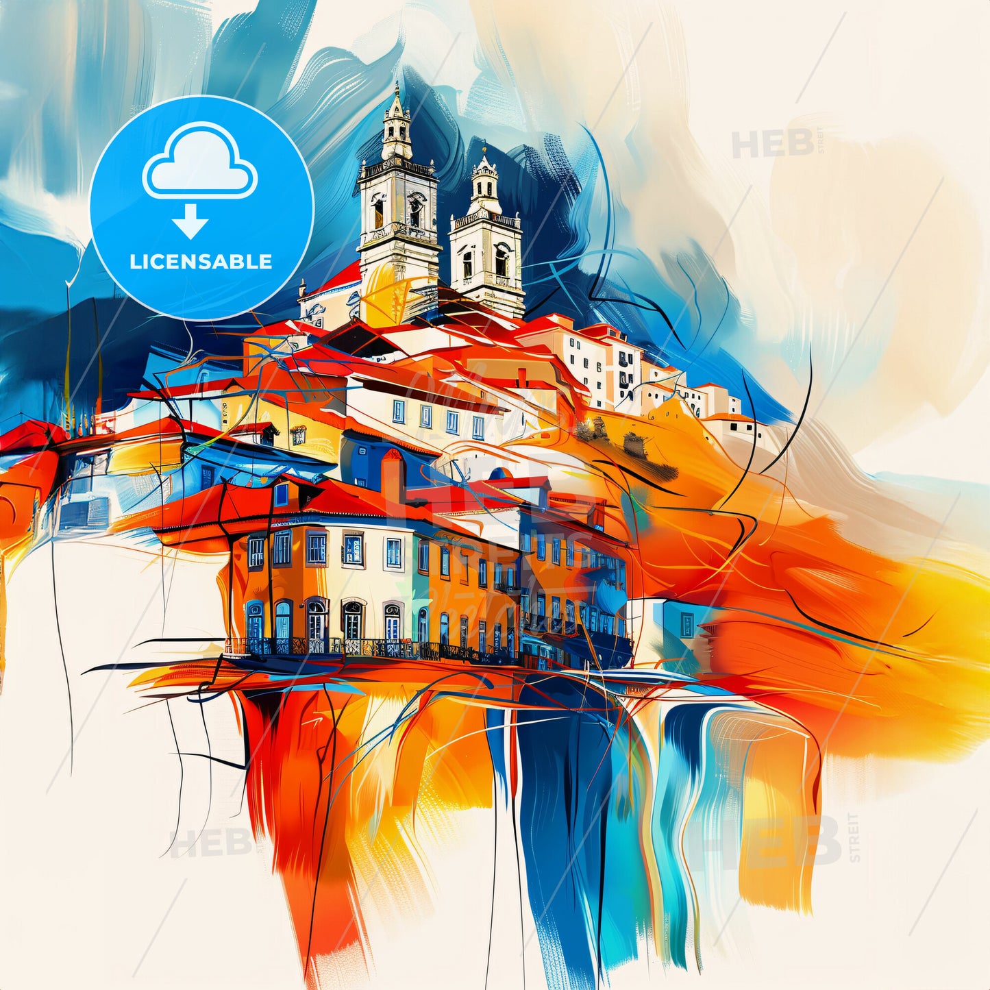 Vibrant Maia, Portugal - A Painting Of A Town With Buildings And A Tower