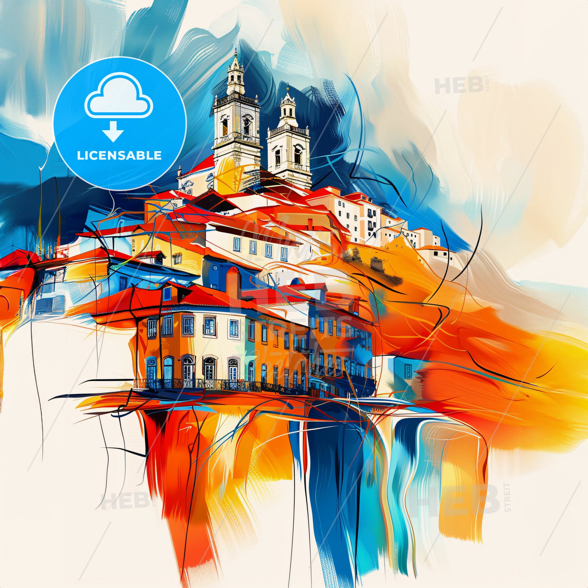 Vibrant Maia, Portugal - A Painting Of A Town With Buildings And A Tower