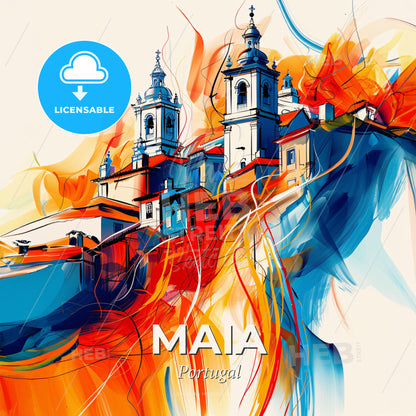 Vibrant Maia, Portugal - A Painting Of A Building With Towers And A Colorful Background - Square format print template