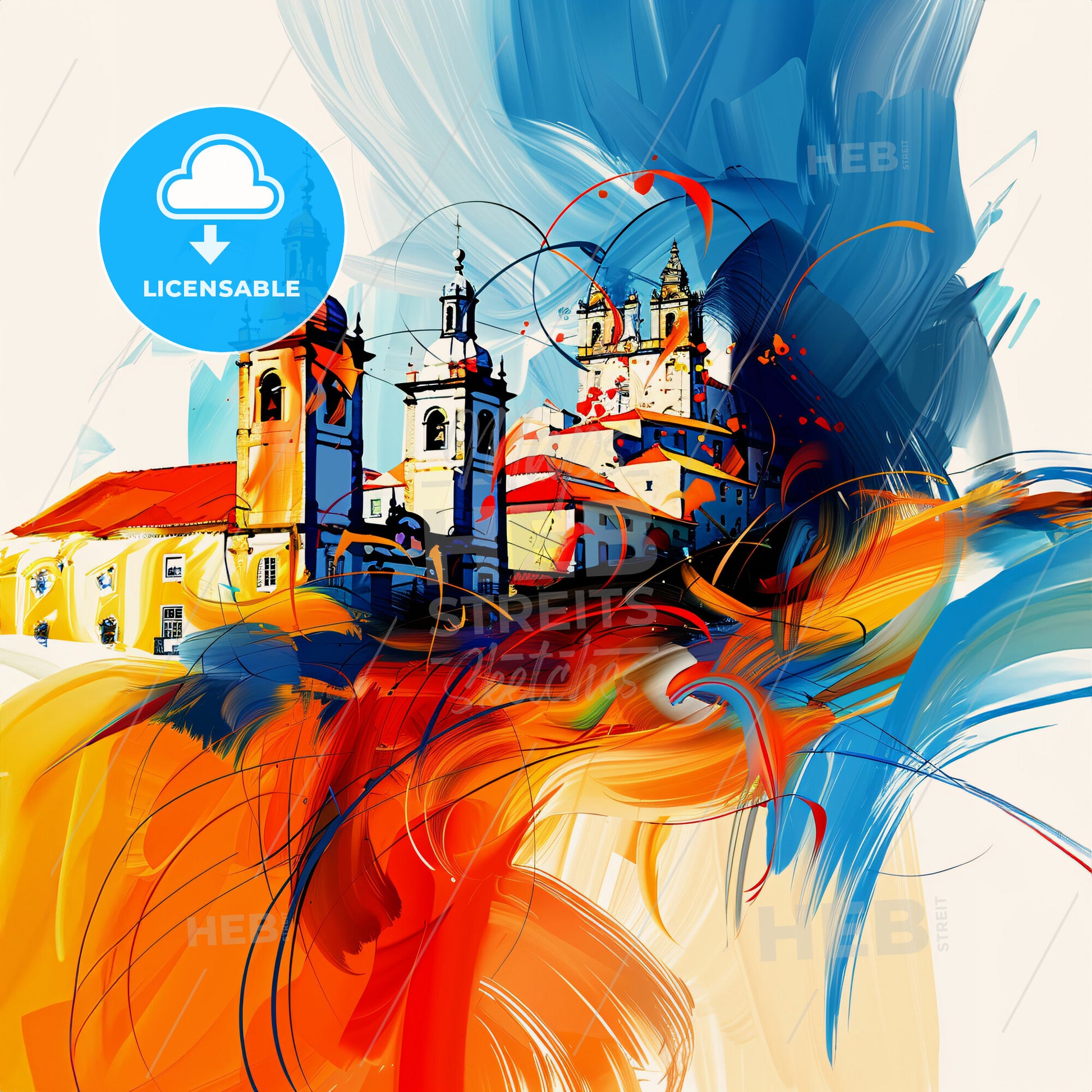 Vibrant Maia, Portugal - A Painting Of A Building With Towers And A Colorful Background