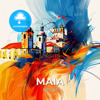 Vibrant Maia, Portugal - A Painting Of A Building With Towers And A Colorful Background - Square format print template