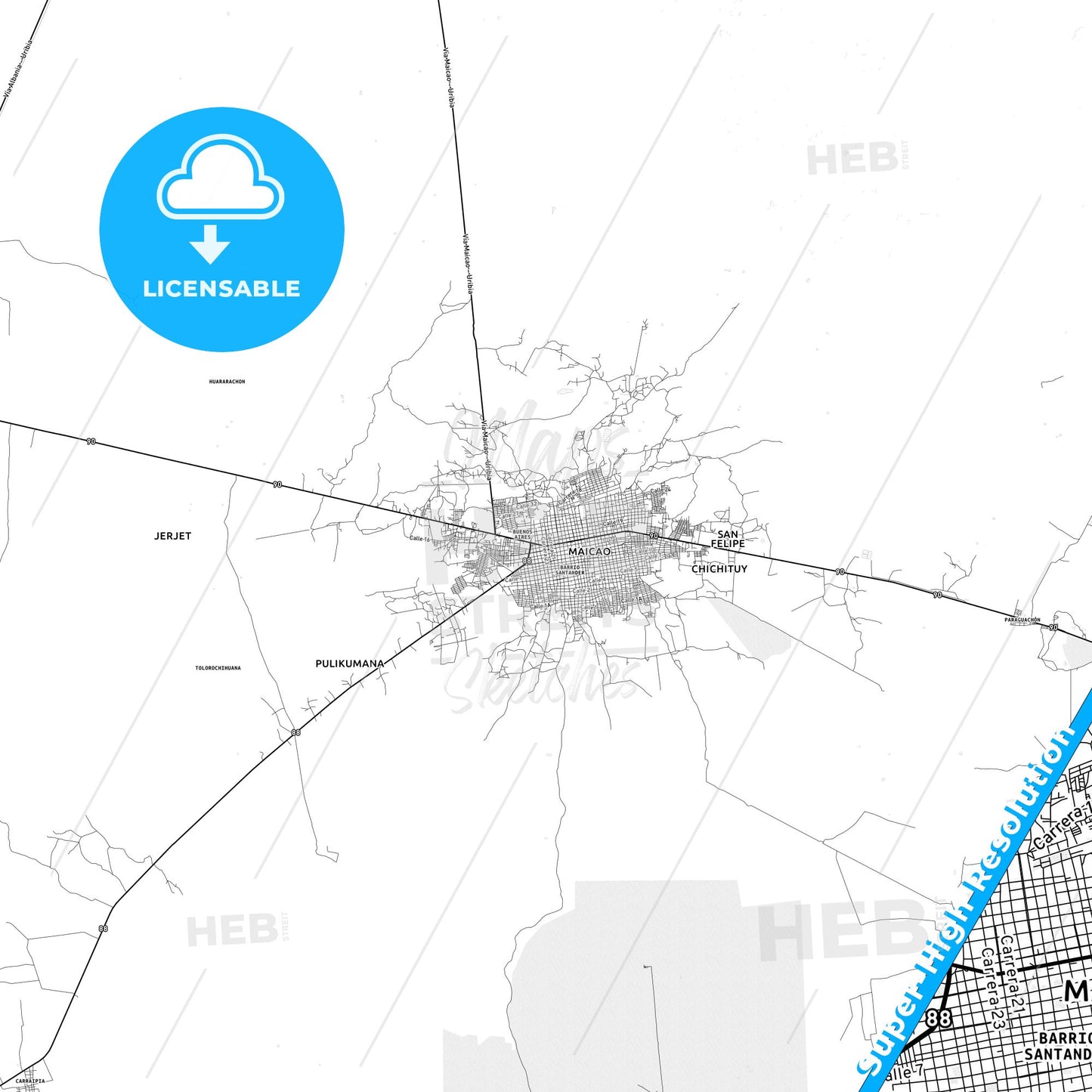 Maicao, Colombia light map with streetnames, citynames and districts