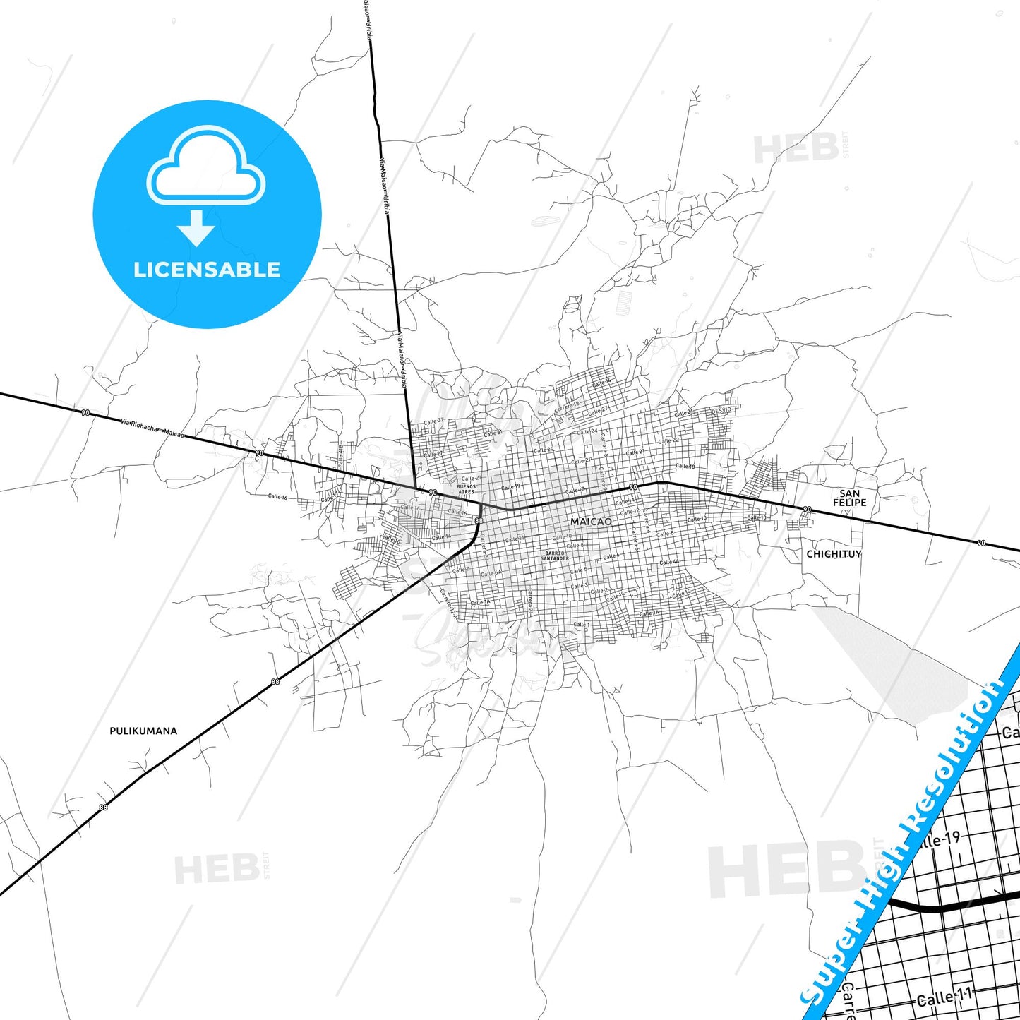 Maicao, Colombia Light Map with Street Names, City Names, and Districts