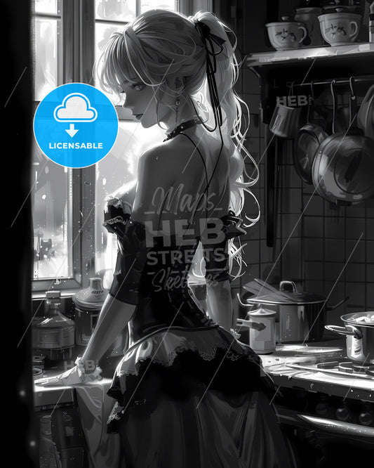 8K Gothic Dark Intensity Anime Inspired Fantasy Kitchen Scene with Naïve Drawing and Shiny Eyes