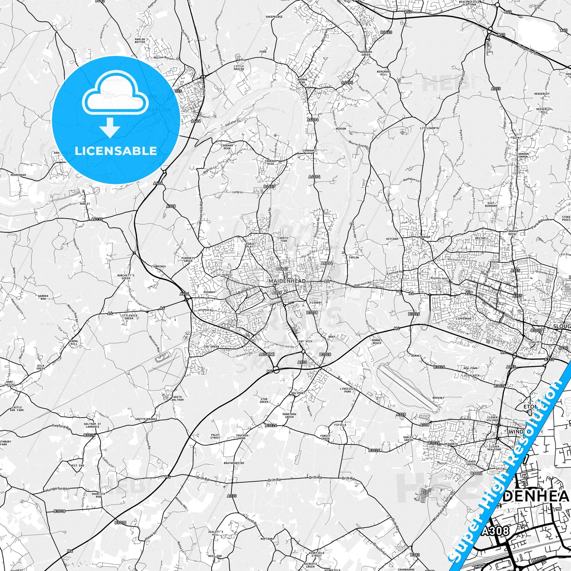 Maidenhead, England light map with streetnames, citynames and districts