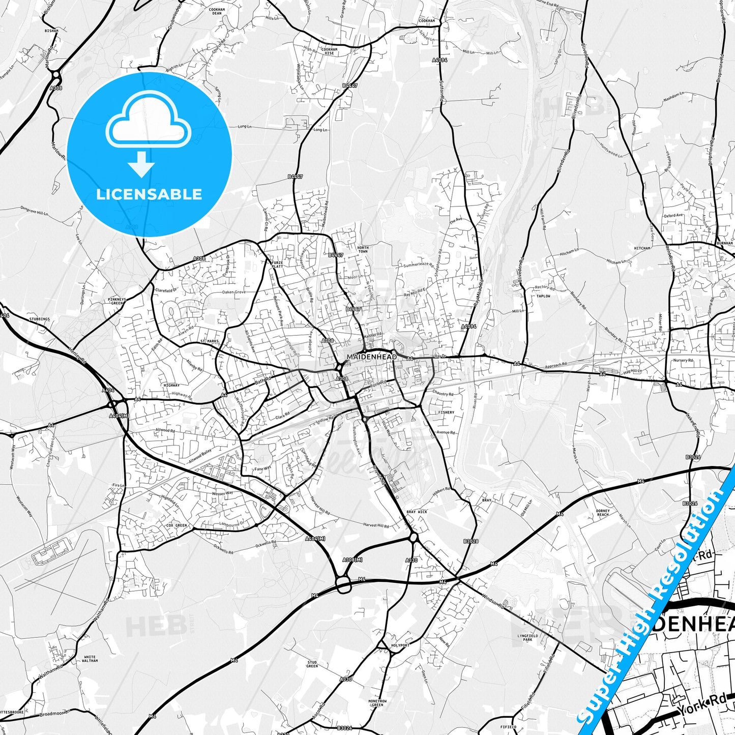 Maidenhead, England Light Map with Street Names, City Names, and Districts