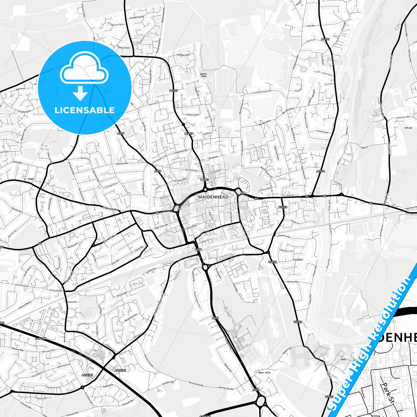 Maidenhead, England Light Map with Street Names, City Names, and Districts
