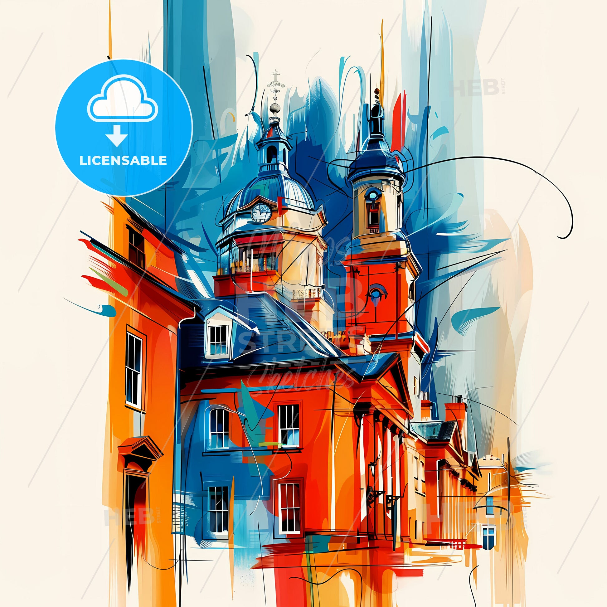 Vibrant Maidenhead, England - A Painting Of A Building With A Clock Tower