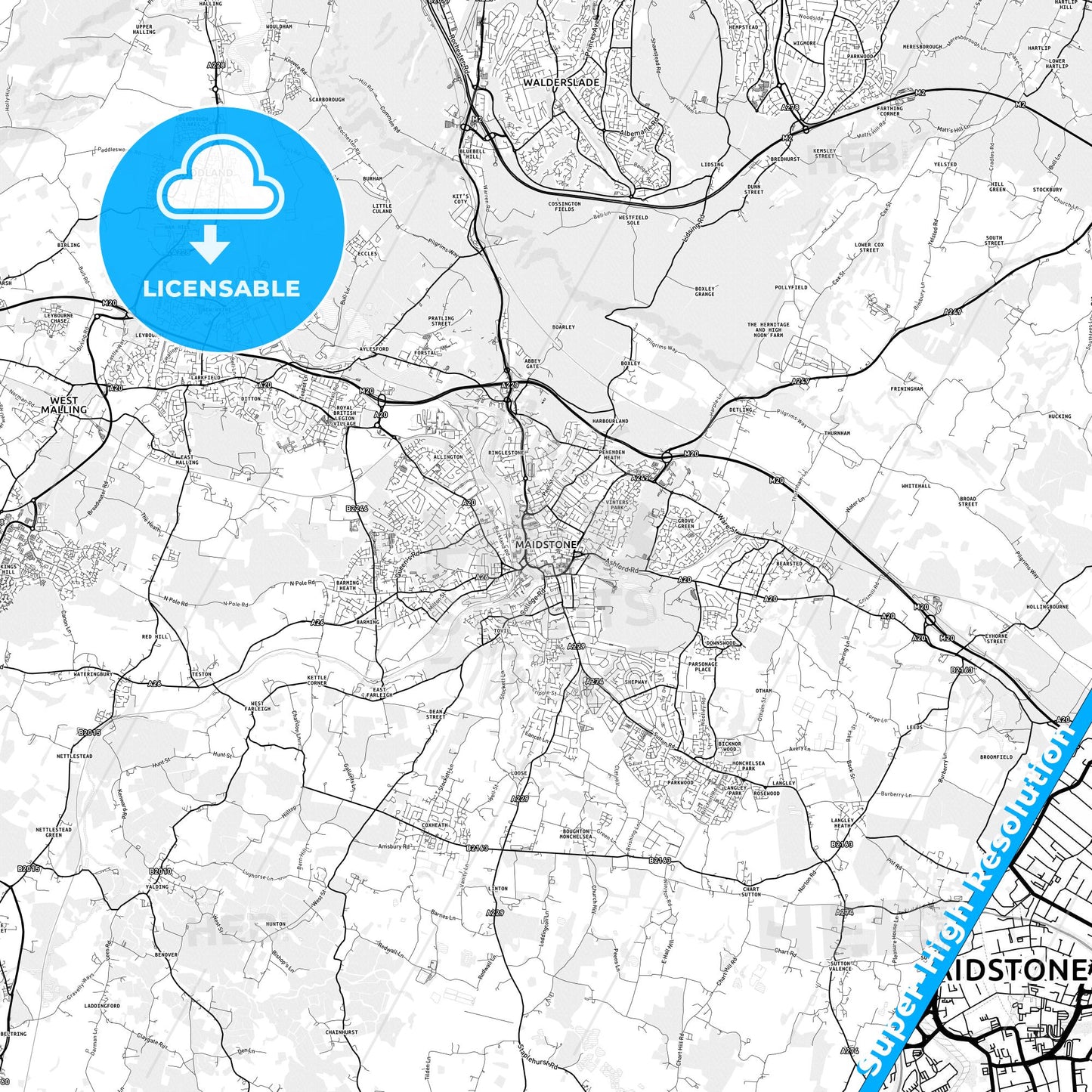 Maidstone, England light map with streetnames, citynames and districts