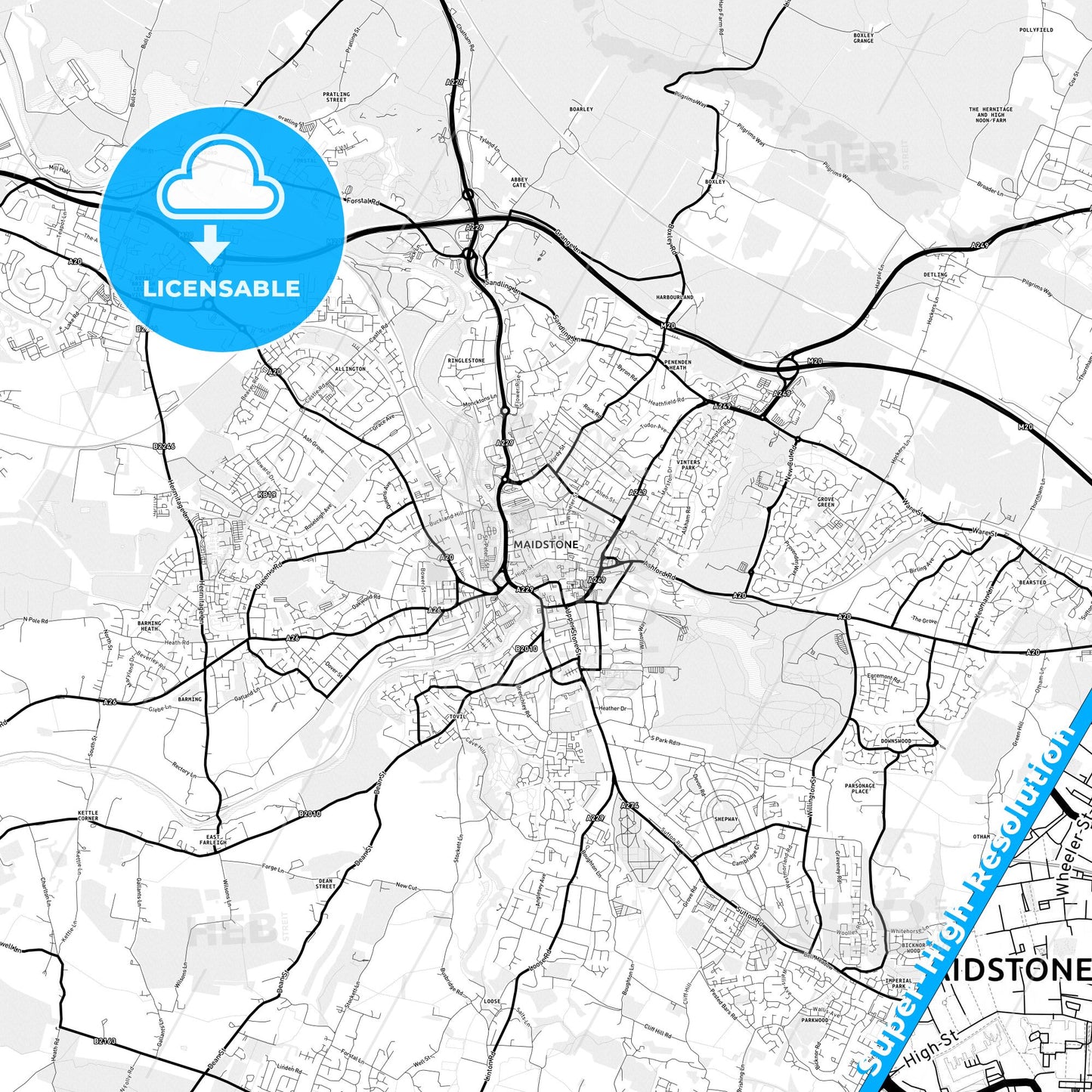 Maidstone, England Light Map with Street Names, City Names, and Districts