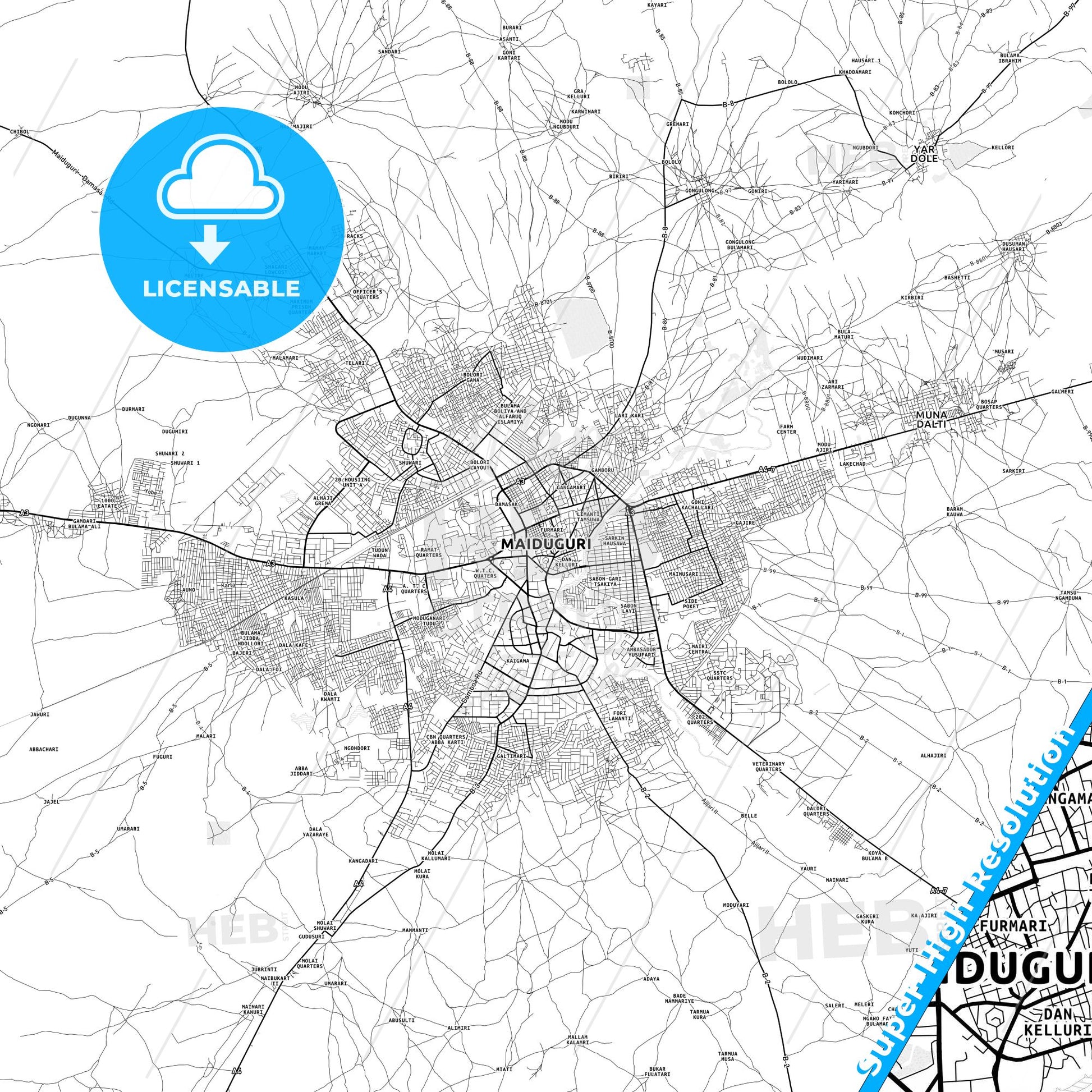 Maiduguri, Nigeria light map with streetnames, citynames and districts