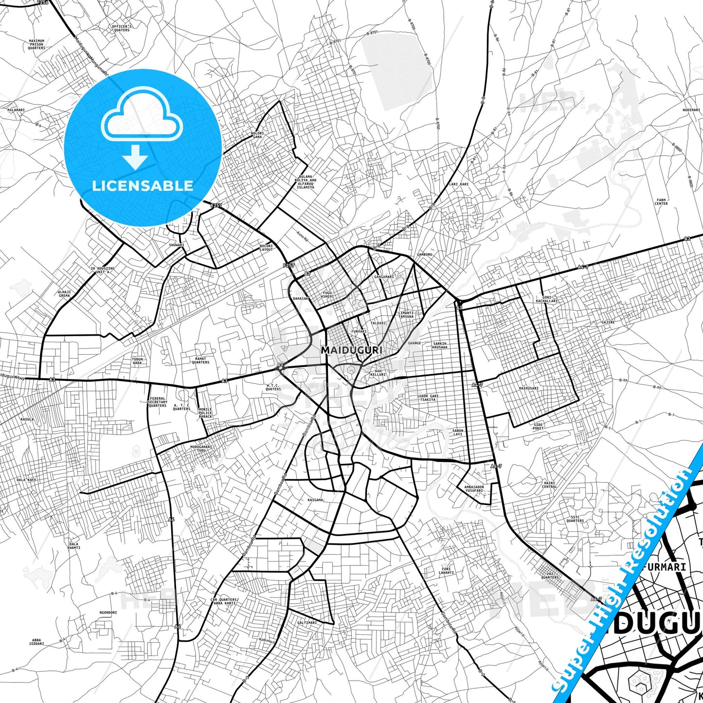 Maiduguri, Nigeria Light Map with Street Names, City Names, and Districts