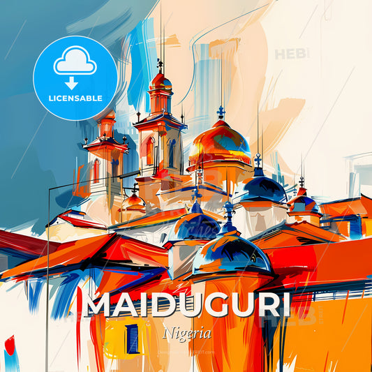 Vibrant Maiduguri, Nigeria - A Painting Of A Building With Domes - Square format print template