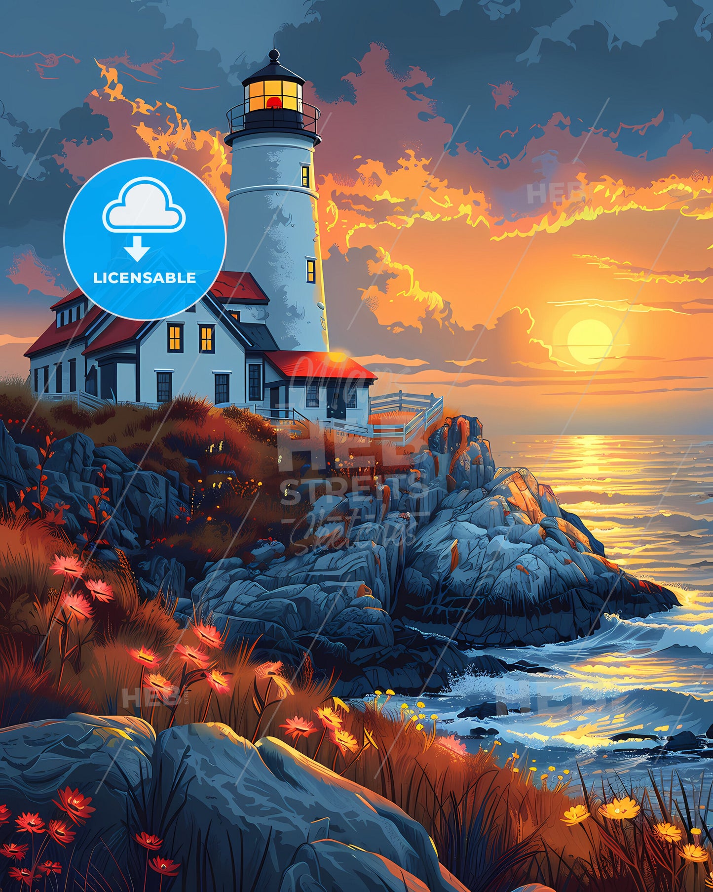 Lighthouse Painting on Rocky Cliff, Vibrant Artwork, Maine, USA