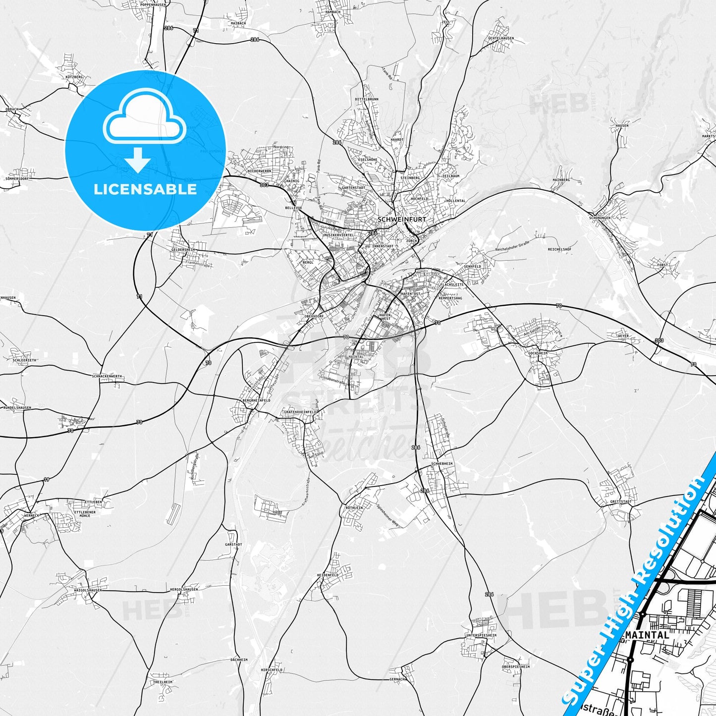 Maintal, Germany light map with streetnames, citynames and districts