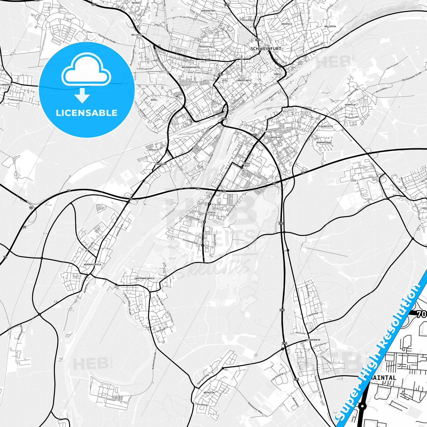 Maintal, Germany Light Map with Street Names, City Names, and Districts