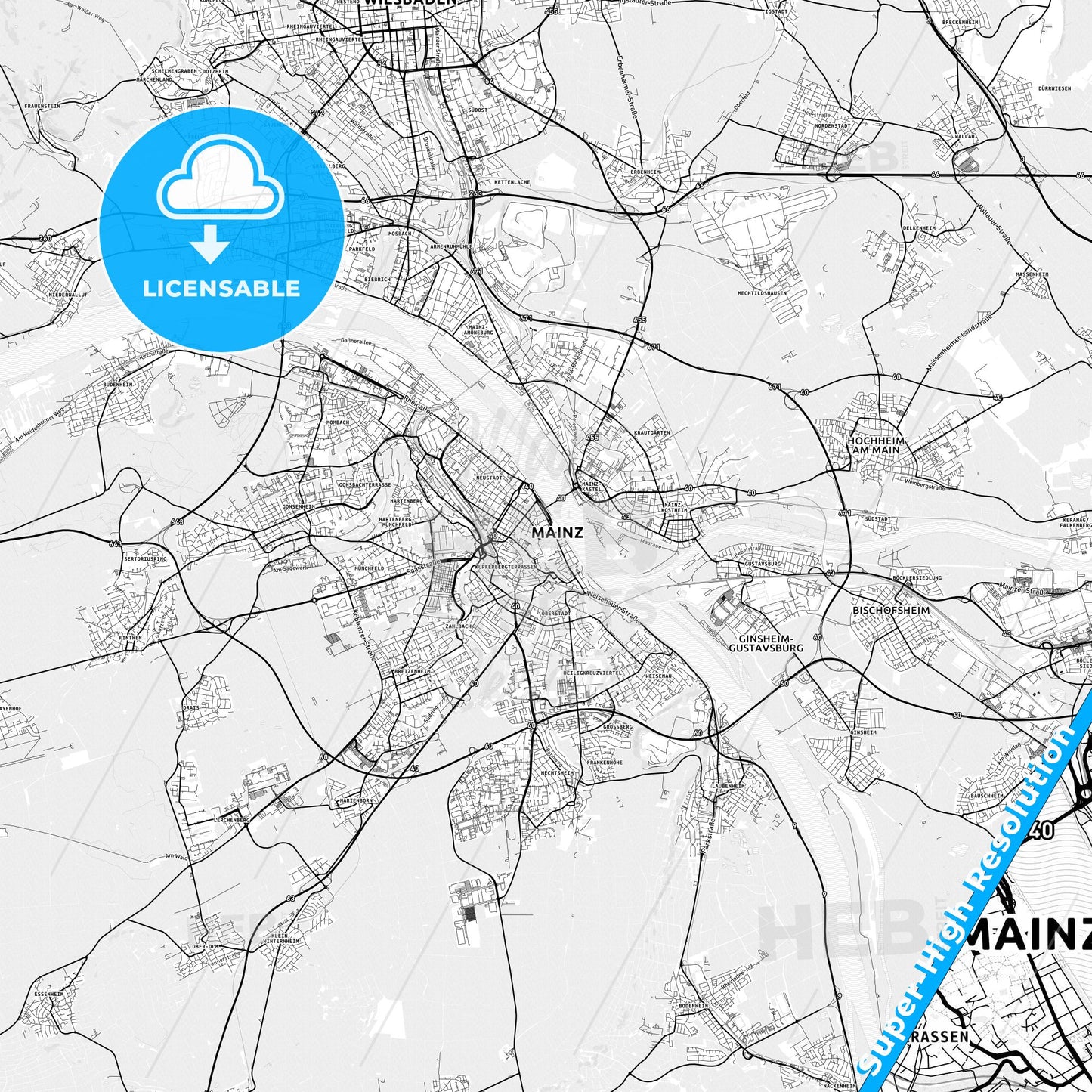 Mainz, Germany light map with streetnames, citynames and districts