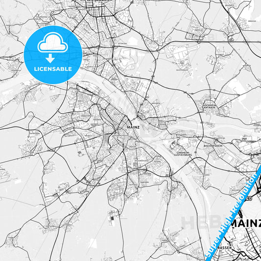 Mainz, Germany light map with streetnames, citynames and districts