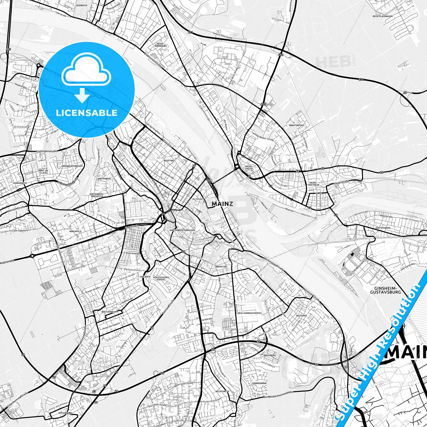 Mainz, Germany Light Map with Street Names, City Names, and Districts