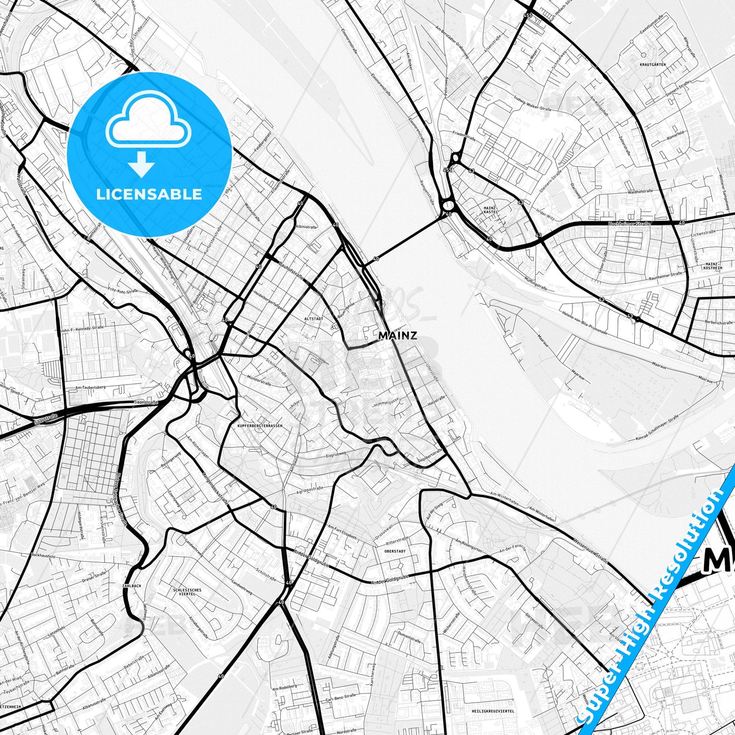 Mainz, Germany Light Map with Street Names, City Names, and Districts