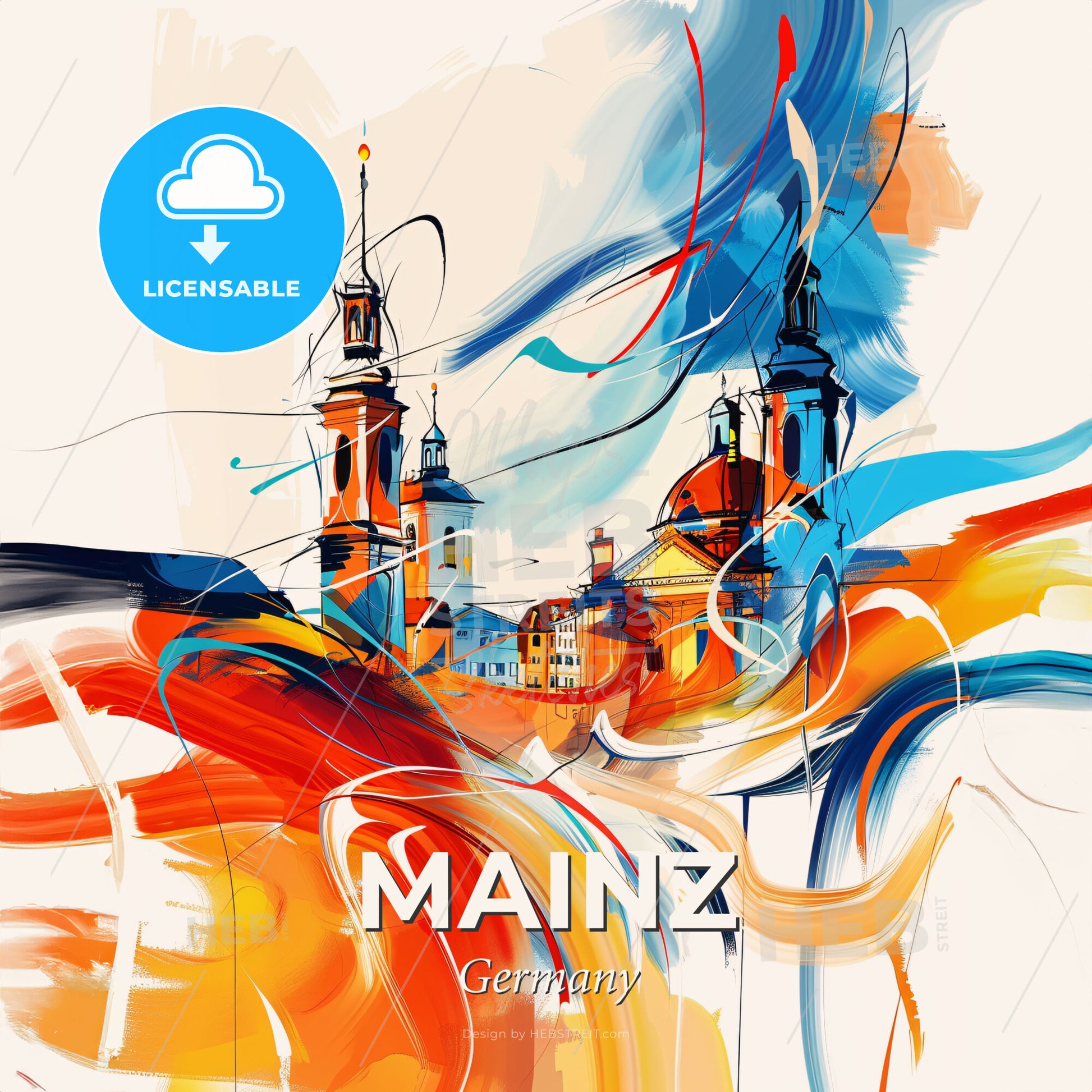 Vibrant Mainz, Germany - A Painting Of A Building With Towers And Colorful Swirls - Square format print template