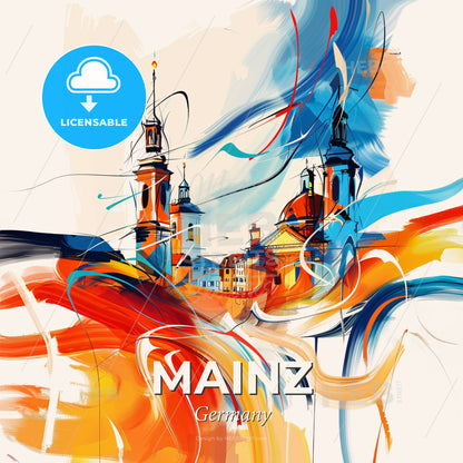 Vibrant Mainz, Germany - A Painting Of A Building With Towers And Colorful Swirls - Square format print template
