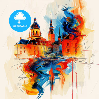 Vibrant Mainz, Germany - A Painting Of A Skyline With A Colorful Building