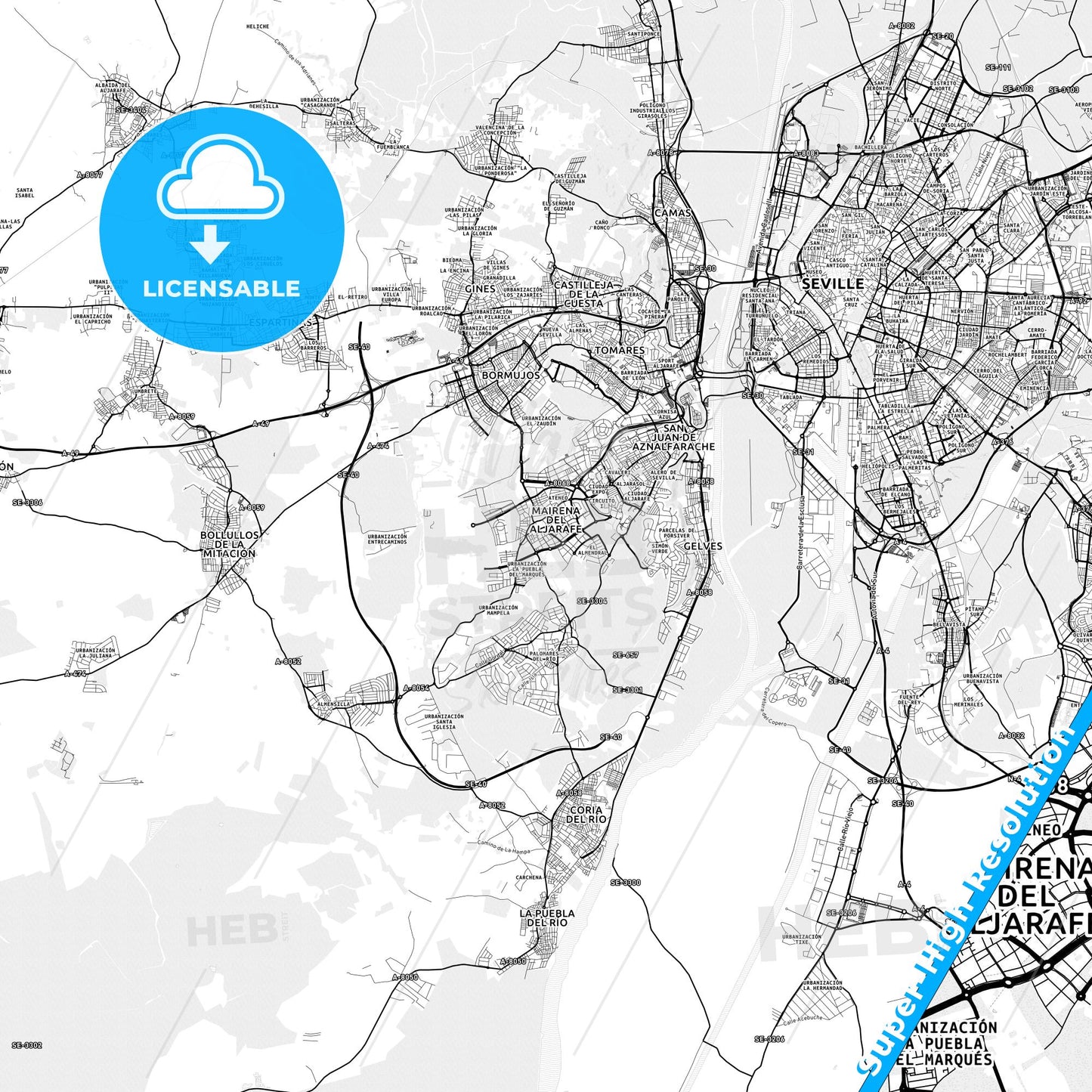 Mairena del Aljarafe, Spain light map with streetnames, citynames and districts