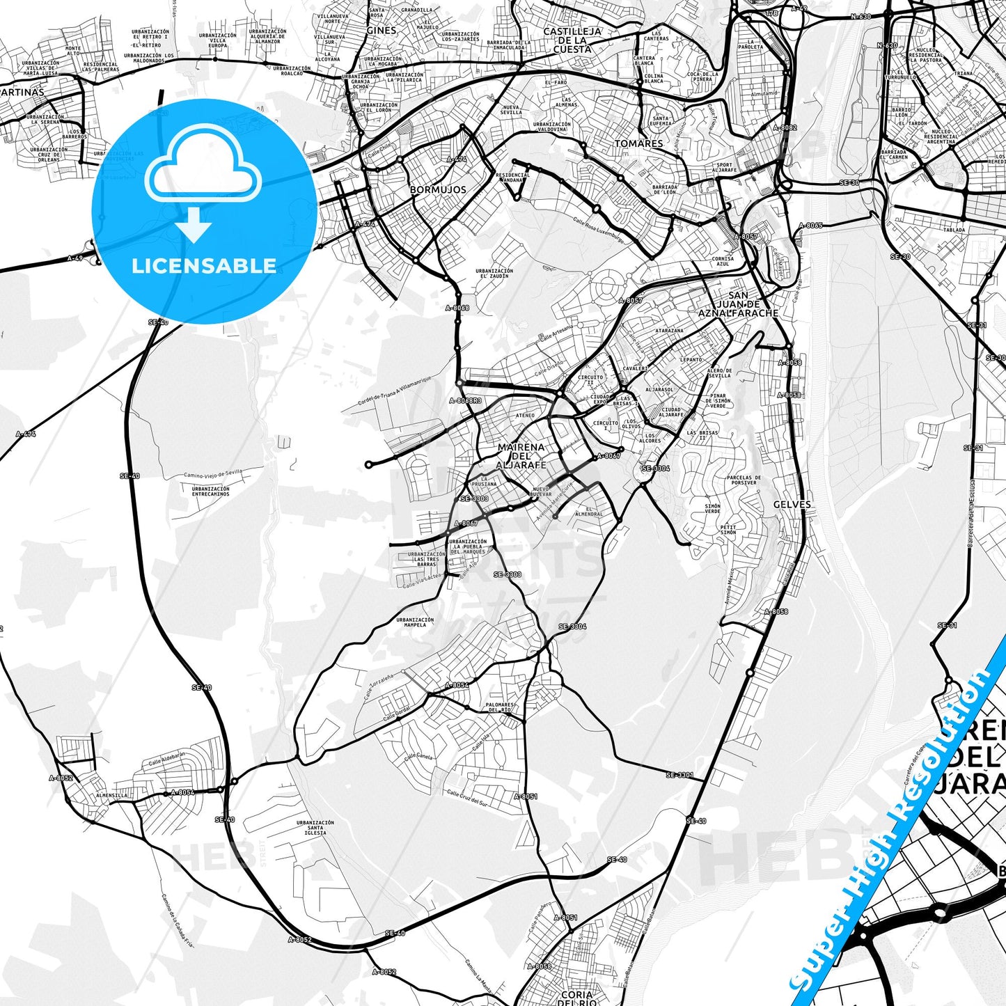 Mairena del Aljarafe, Spain Light Map with Street Names, City Names, and Districts