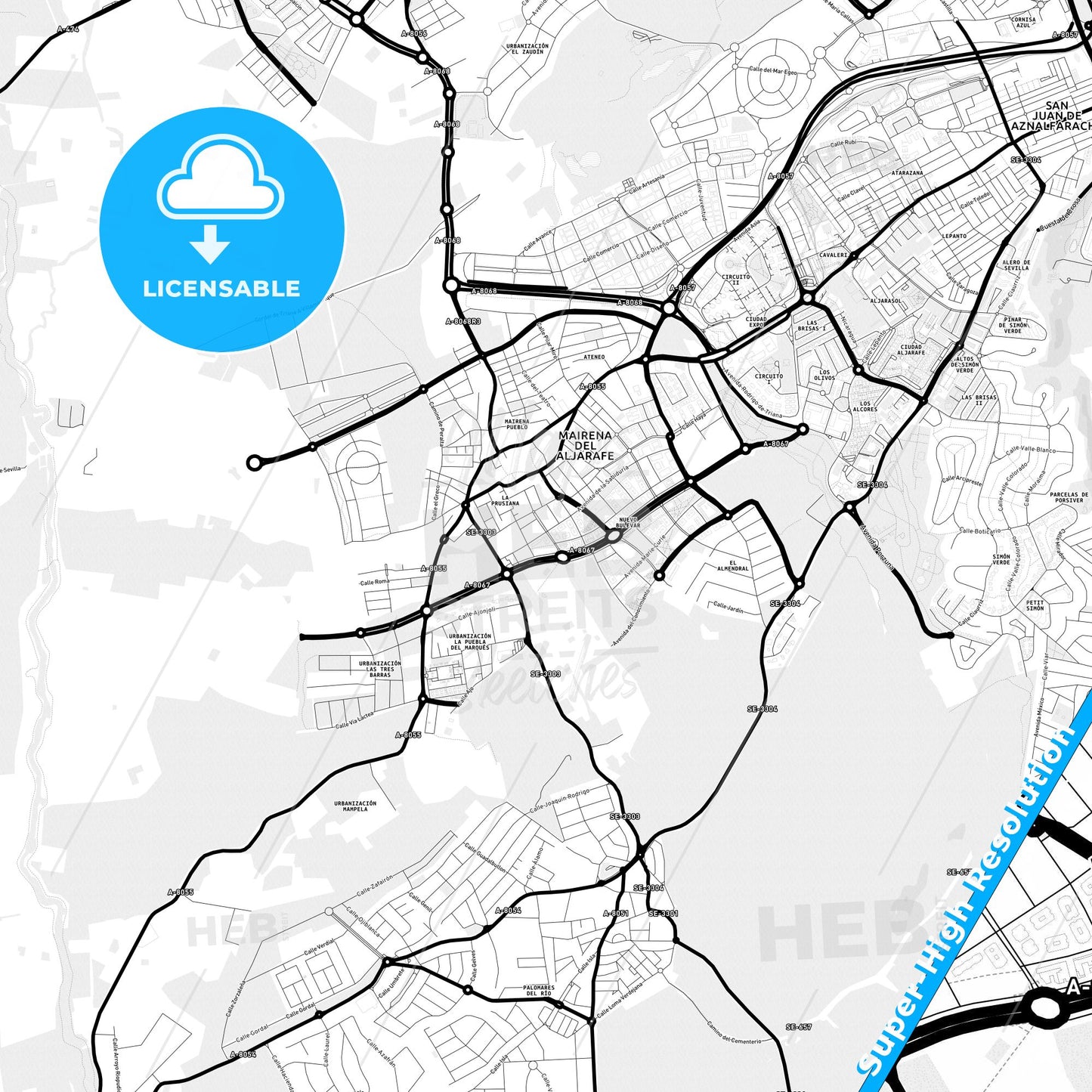 Mairena del Aljarafe, Spain Light Map with Street Names, City Names, and Districts