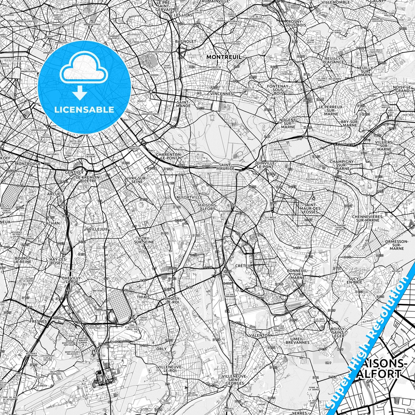 Maisons-Alfort, France light map with streetnames, citynames and districts