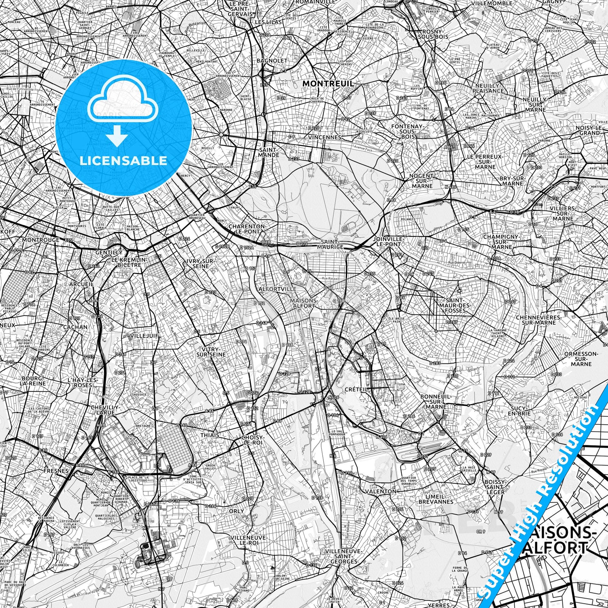Maisons-Alfort, France light map with streetnames, citynames and districts