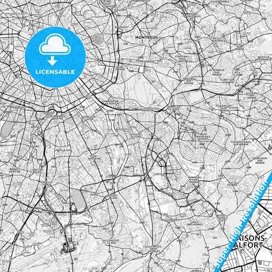 Maisons-Alfort, France light map with streetnames, citynames and districts