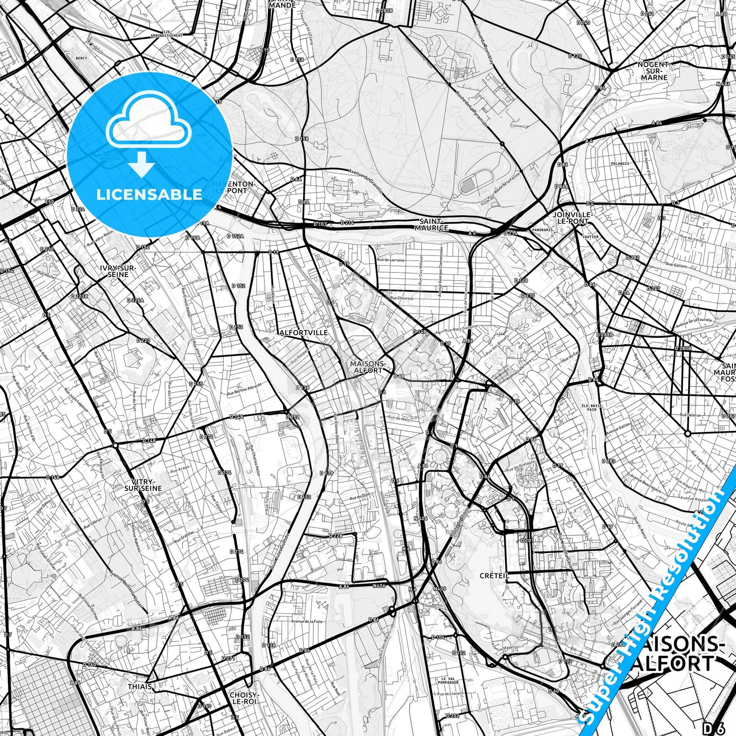 Maisons-Alfort, France Light Map with Street Names, City Names, and Districts