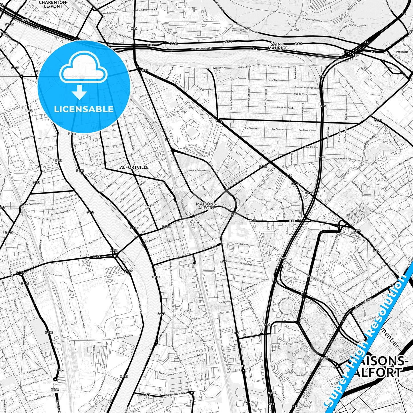 Maisons-Alfort, France Light Map with Street Names, City Names, and Districts