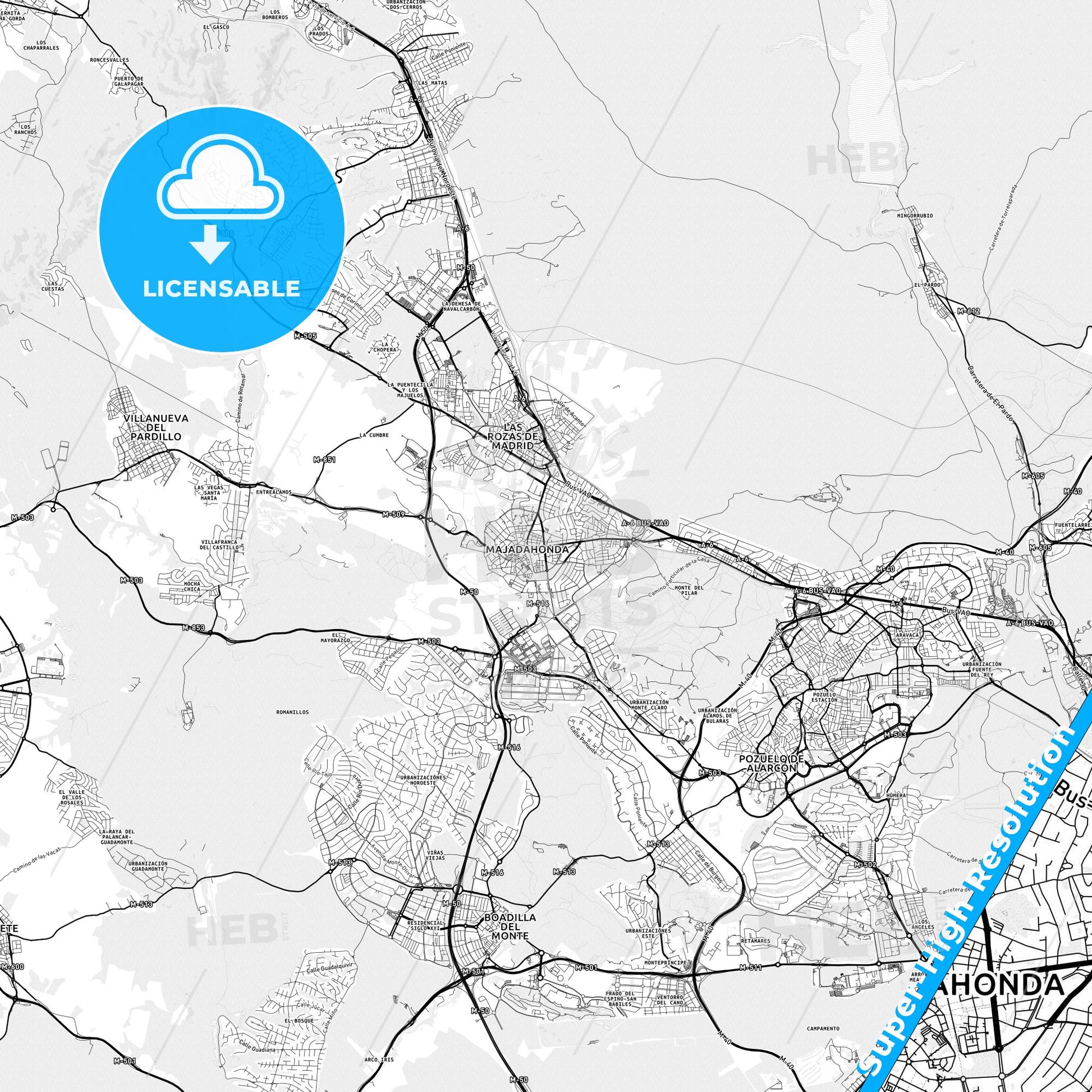 Majadahonda, Spain light map with streetnames, citynames and districts
