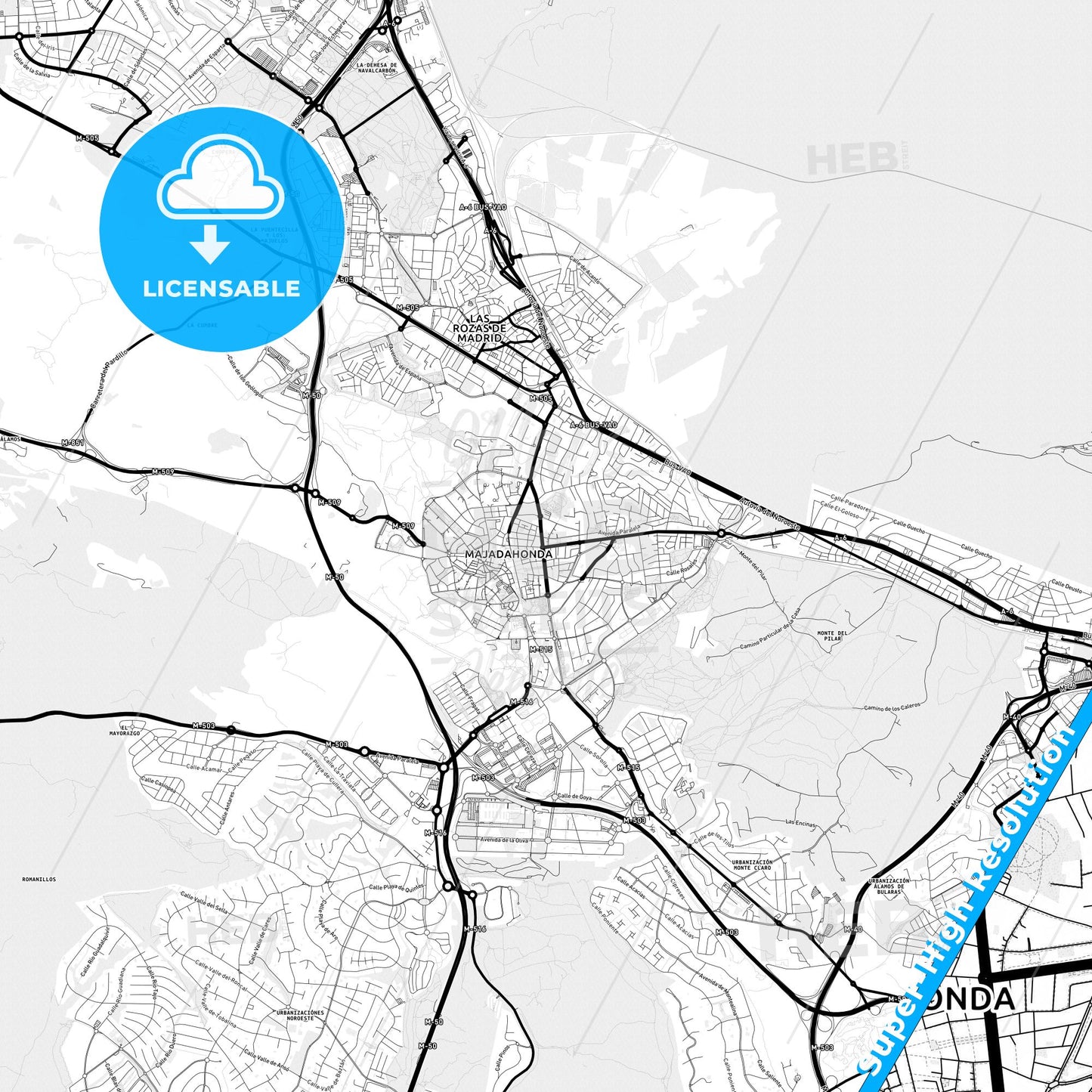 Majadahonda, Spain Light Map with Street Names, City Names, and Districts