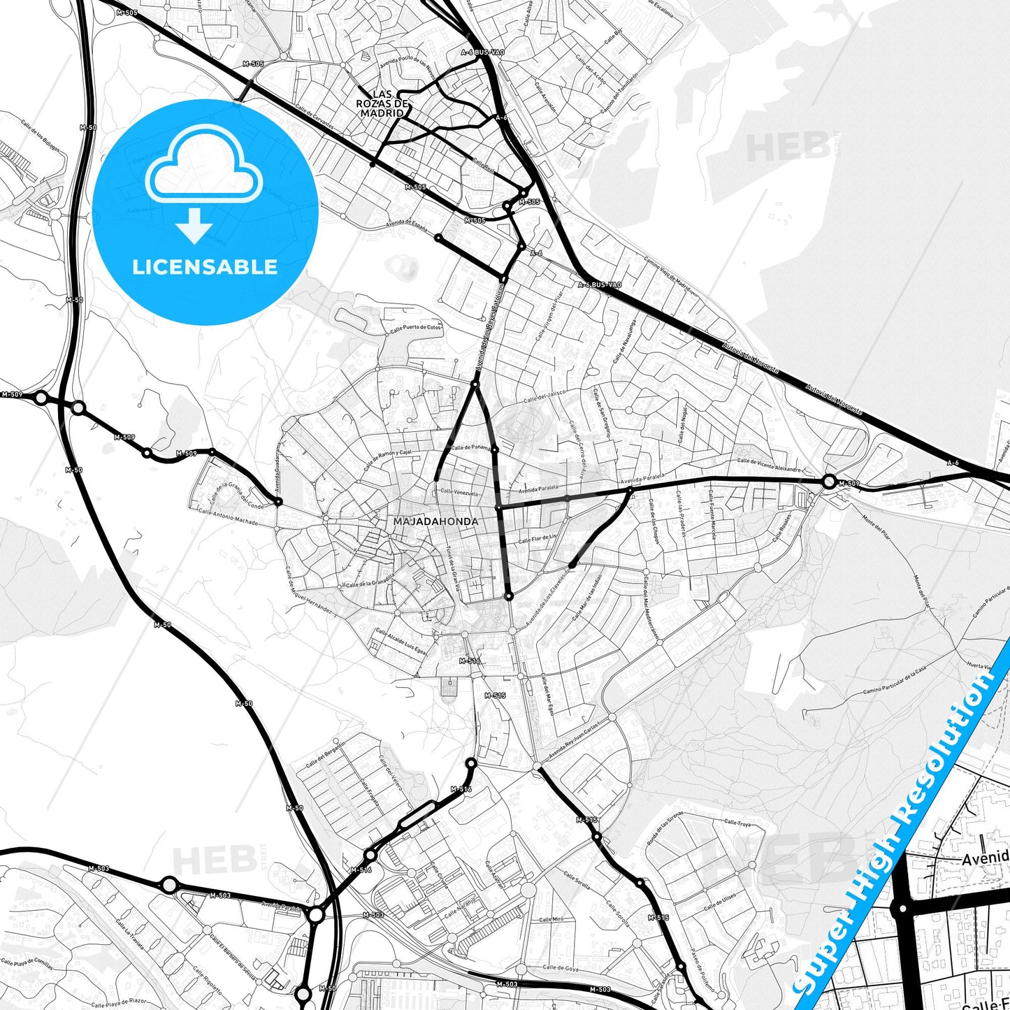 Majadahonda, Spain Light Map with Street Names, City Names, and Districts