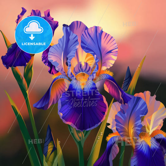 Majestic Irises at Sunset: A Vibrant Dance of Blue and Gold in Bloom