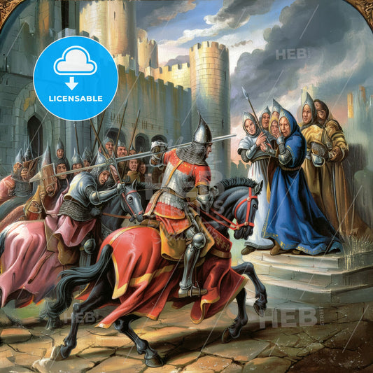 Majestic Medieval Battle: Knights Clash Before a Majestic Castle Enshrined in History