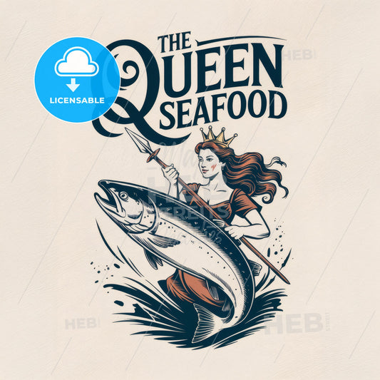 Majestic QUEEN Seafood: Vintage-Inspired Art of a Regal Woman Riding a Salmon