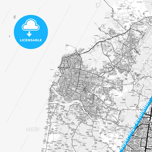 Makassar, Indonesia light map with streetnames, citynames and districts