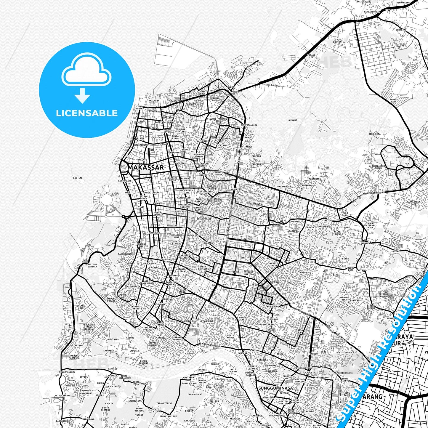 Makassar, Indonesia Light Map with Street Names, City Names, and Districts