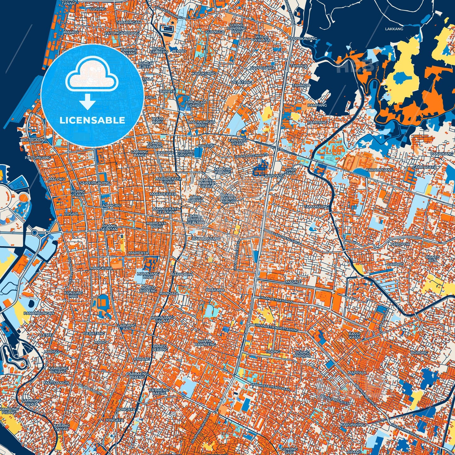 Colorful Makassar Street Map with Labels and Buildings