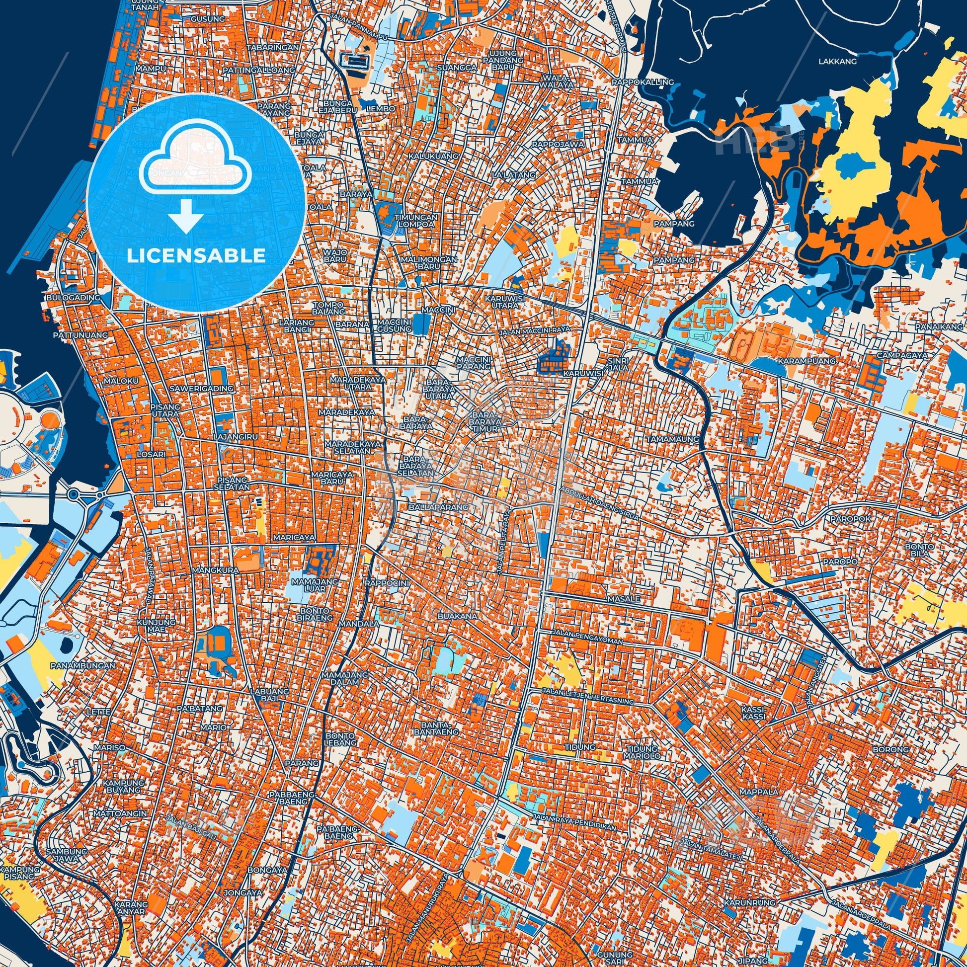 Colorful Makassar Street Map with Labels and Buildings